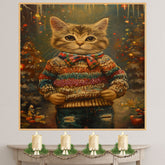 Christmas Kitten in Colorful Sweater and Bow Adorable Holiday Cat Painting Festive Winter Scene Perfect for Home Office Seasonal Decoration or Gift on Ready to Hang 1.5" Thick Canvas Wrap, Floating Framed Canvas, Flat Rolled Canvas